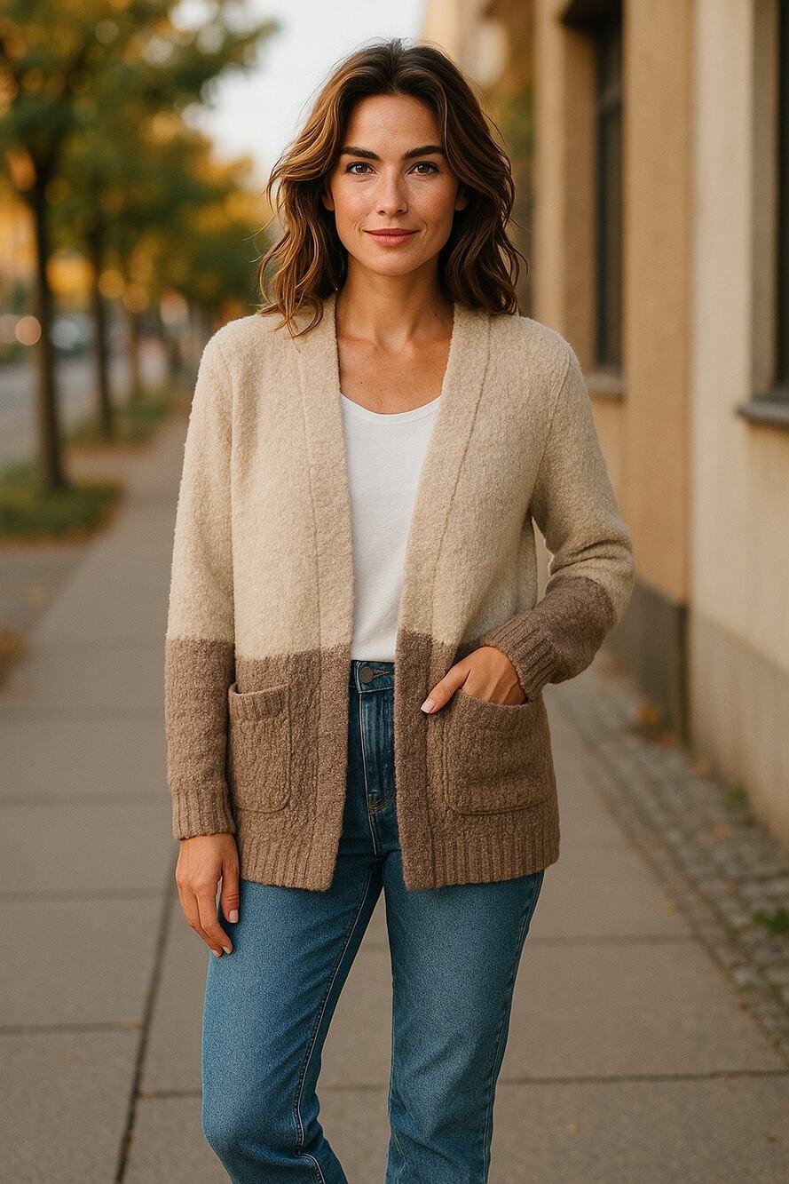 Bohme Plush Colorblock Long Sleeve Open Front  Cardigan Cream Tan Womens Size XS